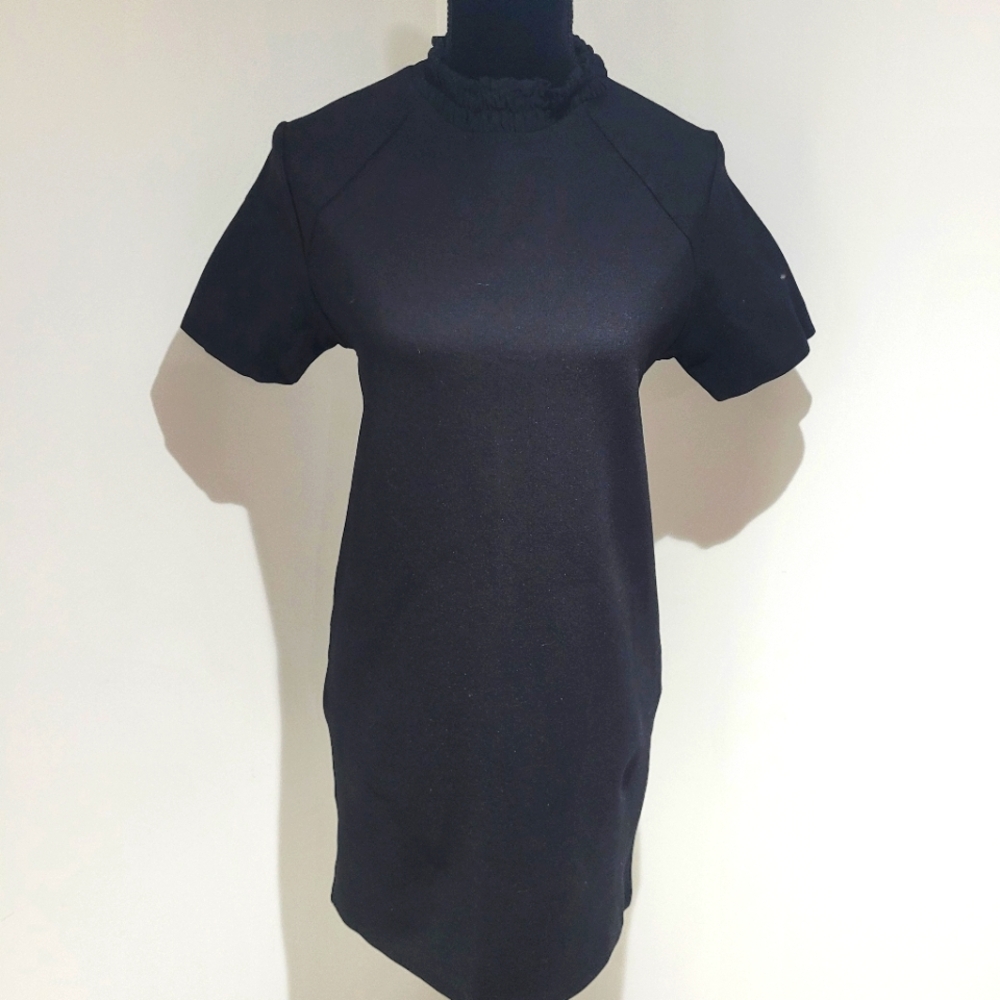 Mango Women's High Neck Short Sleeve Mini Dress XS Black Stretch Chic Minimalist